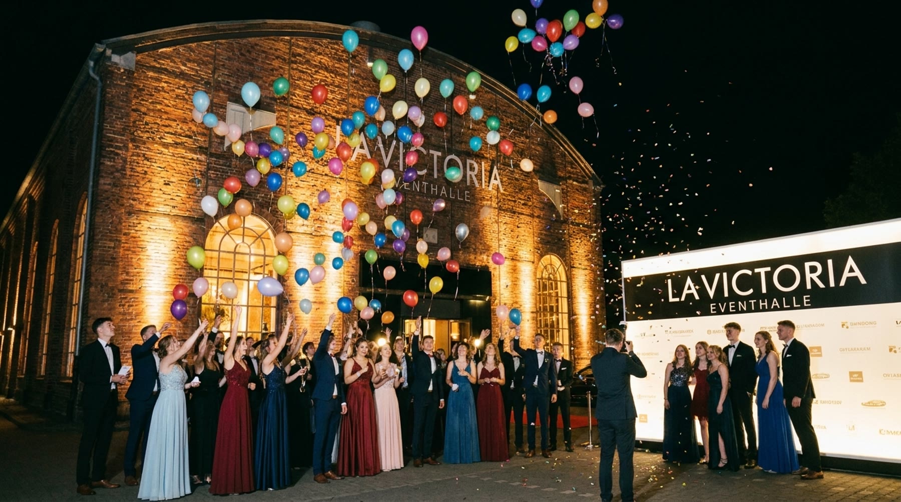 Abschlussjahrgang lässt bunte Ballons vor der beleuchteten Backsteinfassade steigen
