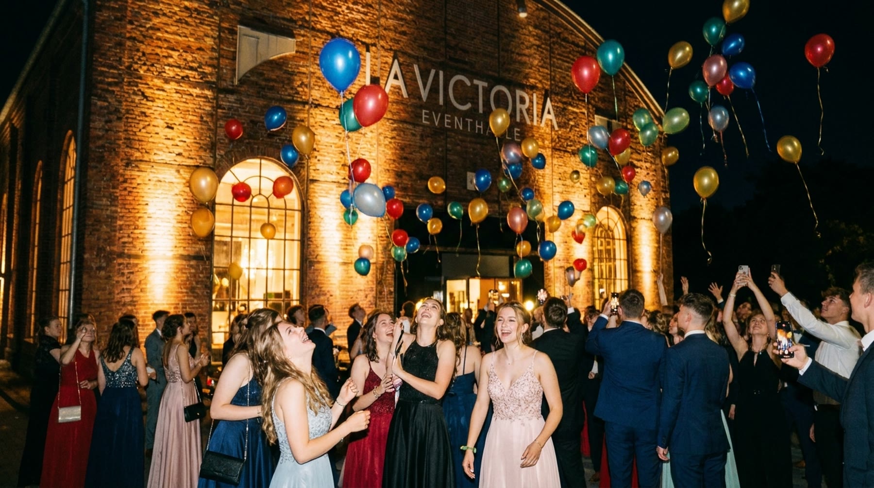 Jubelnder Jahrgang mit Ballons vor der Eventhalle