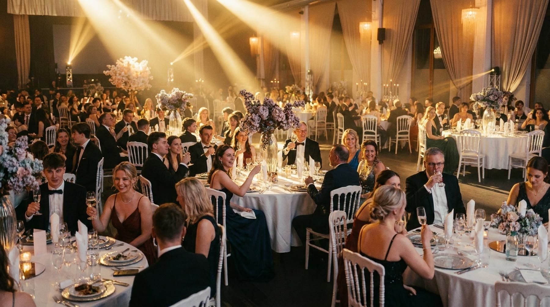 Galadinner in der Halle unter Lichtstrahlen, Gäste an runden Tischen